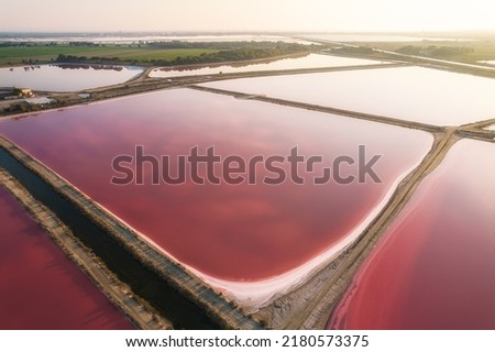 Aerial view of the Aigues-Mortes salt marsh (Salin d’Aigues-Mortes) at sunset