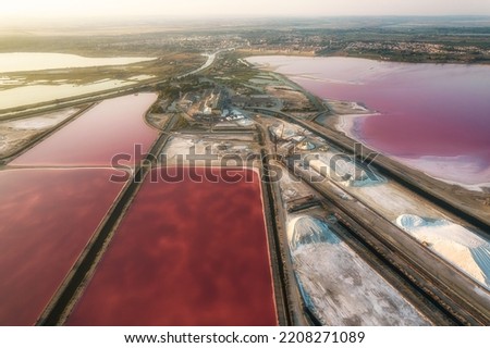 Aerial view of the Aigues-Mortes salt marsh (Salin d’Aigues-Mortes) at sunset	