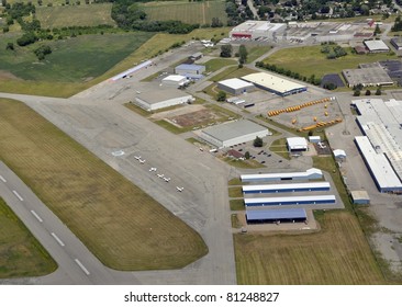 Aerial View Of The Airport In Brantford Ontario, In  The Foreground The New Hangars Build For Midsize Private Aircraft