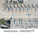 Aerial view of an airport. aerial view of airport terminal with parked airplanes