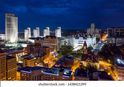 Aerial view of Albany, New York downtown at dusk. Albany is the capital city of the U.S. state of New York and the county seat of Albany County - Shutterstock ID 1438421399