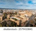 Aerial view of Alcazar of Cordoba. Mudéjar-style 1300s palace with terraced gardens, Roman mosaics Gothic towers for panoramic views.