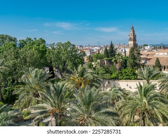 Aerial view from the Alcazares de los reyes and the Torre del campanario  (Bell tower) in the background in Cordoba, Spain. - Shutterstock ID 2257285731