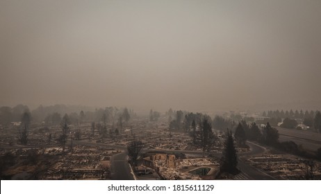 Aerial View Of Almeda Wildfire Aftermath In Southern Oregon Talent Phoenix Fire. Destruction Of The Entire Mobile Home Park That Leaves Hundreds Of People Homeless.