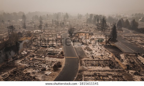 Aerial View of the Almeda Wildfire in Southern\
Oregon Talent Phoenix Northern California. Fire Destroys many\
people\'s livelihoods and flips their lives upside down after fire\
had blown through town.