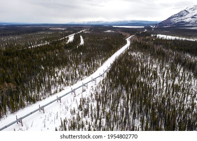 Aerial view of the Alyeska Pipeline near Willow Creek, Alaska during the winter.