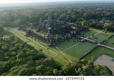 Aerial View of amazing sunrise with Angkor Wat Temple, Land of magnificent ruins, Siem Reap, Cambodia.