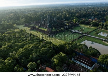 Aerial View of amazing sunrise with Angkor Wat Temple, Land of magnificent ruins, Siem Reap, Cambodia.