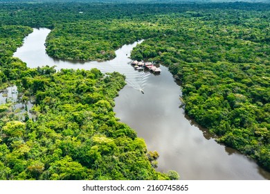 Aerial View Of Amazon Rainforest In Peru, South America. Green Forest. Bird's-eye View. Jungle In Peru. 