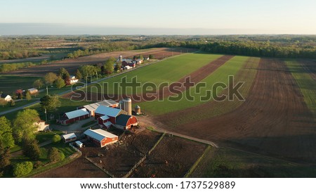 Aerial view of american countryside landscape. Farm, red barn, cows. Rural scenery, farmland. Sunny morning, spring summer season  
