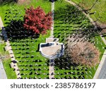 Aerial view of American Flags displayed in Goshen, New York