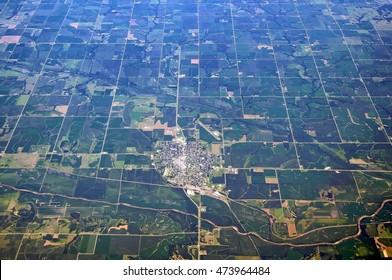 Aerial View Of American Midwest Falls City Nebraska United States Of America Rural Scenery With Generic Crops River Airport Roads Detail Exterior Satellite Landmark