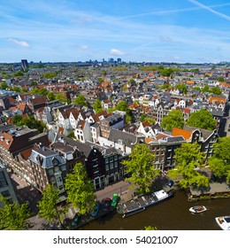 Aerial View Of Amsterdam City In A Beautiful Sunny Day