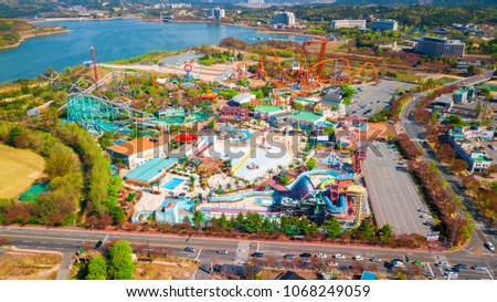 Aerial view of Amusement Park in Gyeongju, South Korea. Aerial view from drone.