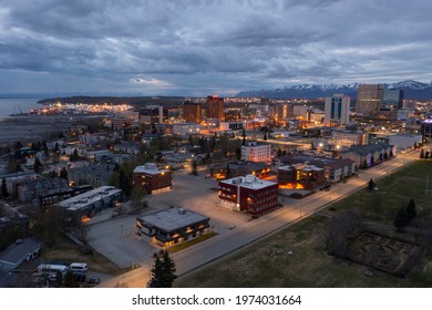 Aerial View Of The Anchorage, Alaska Skyline At Dusk In Spring