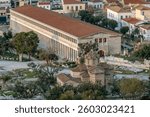 Aerial view of the ancient agora of Athens, Greece, in the sunset light