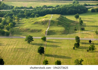 Aerial view of ancient Native American burial mound Cahokia Mounds, Illinois, USA