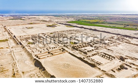 Aerial view of ancient ruins of Chan Chan in Trujillo, Peru. Archaeological site of ancient city from the Chimu culture belonging to the pre-Columbian era.