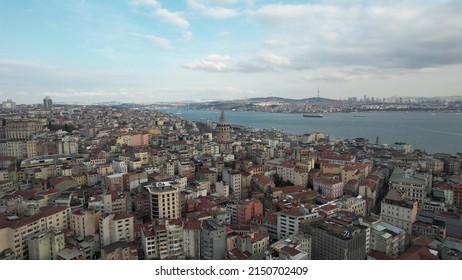Aerial view of ancient Turkish district, historical buildings of Beyoglu as an old district, drone footage of the Beyoglu that includes the Galata Tower