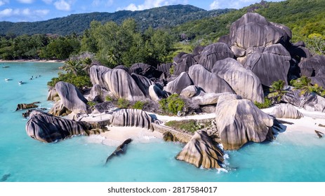 Aerial View Of Anse Source d'Argent Beach La Digue Seychelles