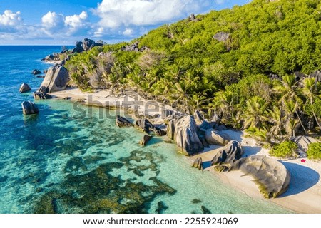 Aerial view of Anse Source D'Argent beach in La Digue, Seychelles