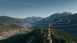 Aerial View Of Antennas Transmitting Radio Signals In Rural Mountainous Area