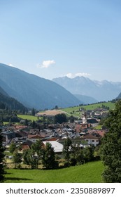 Aerial view of Anterselva di Mezzo (Antholz-Mittertal) in mountain valley in the dolomites and Italian alps 