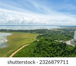 Aerial view around a Nui Cui mountain area and Tri An lake in Dong Nai province, Vietnam. Travel and nature concept.