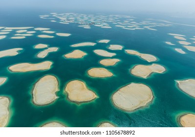 Aerial View Of Artificial Amazing World Island In Dubai. Panoramic View.