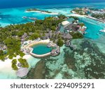 aerial view, Asia, Maldives, North Male Atoll, Kuda Huraa,  Four Season Maldives, , with beaches and water bungalows