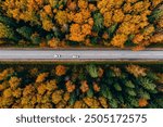 Aerial view of asphalt road with cars and colorful fall autumn forest in rural Finland.