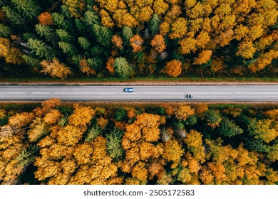 Aerial view of asphalt road with cars and colorful fall autumn forest in rural Finland. - Powered by Shutterstock