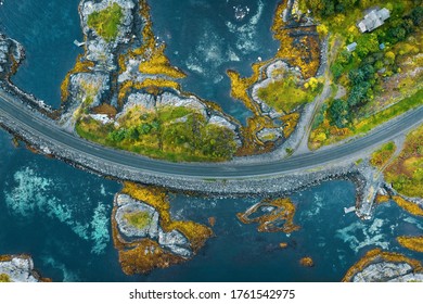 Aerial View Atlantic Ocean Road In Norway Travel Roadtrip Drone Scenery From Above Beautiful Scandinavian Landmarks Destinations Top Down