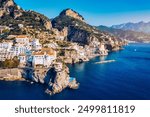 Aerial view of Atrani famous coastal village located on Amalfi Coast, Italy. Small town Atrani on Amalfi Coast in province of Salerno, Campania region, Italy. Atrani town on Amalfi coast, Italy.