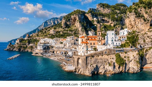 Aerial view of Atrani famous coastal village located on Amalfi Coast, Italy. Small town Atrani on Amalfi Coast in province of Salerno, Campania region, Italy. Atrani town on Amalfi coast, Italy. - Powered by Shutterstock