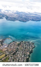 Aerial View Of Auckland City From The Landing Plane. New Zealand. Bird Eye View