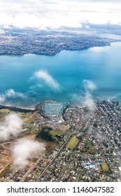 Aerial View Of Auckland City From The Landing Plane. New Zealand. Bird Eye View