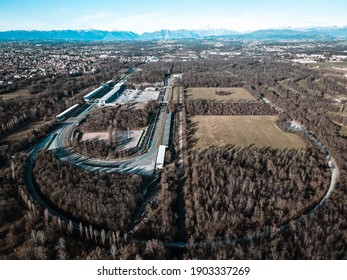 Aerial View of Autodromo Nazionale Monza, that is a race track near the city of Monza in Italy, north of Milan. Venue of the Formula 1 Grand Prix. Epic drone shot in autumn.