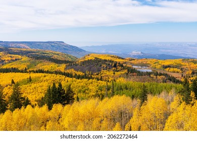 Aerial view of autumn, fall colors of Grand Mesa National Forest from overlook at Scenic Byway State Highway 65 in Colorado
