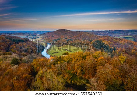 Aerial view of the Autumn leaves and colours at River Wye, Symonds Yat, Herefordshire, Midlands, England, UK