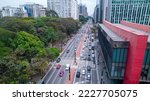 Aerial view of Av. Paulista in São Paulo, SP. Main avenue of the capital. With many radio antennas, commercial and residential buildings. Aerial view of the great city of São Paulo.