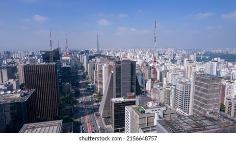 Aerial view of Avenida Paulista in Sao Paulo, Brazil. Very famous avenue in the city. High-rise commercial buildings and many residential buildings