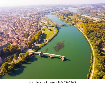 Aerial View Of Avignon With Palais Des Papes And Rhone River, France