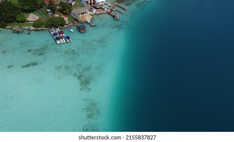 Aerial View Of Bacalar Lagoon And Blue Cenote, Near Cancun, In Riviera Maya, Mexico. Turquoise Blue Shallow Water And Beautiful Place To Go And Relax