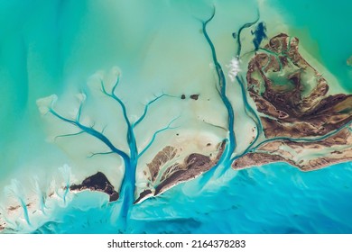 Aerial view the Bahamas islands  Turquoise ocean surface  Tidal Flats   Channels  Long Island  the Bahamas  Sandy Cay  Top view Caribbean sea texture  Elements this image furnished by NASA 