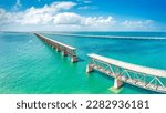 Aerial view of Bahia Honda Rail Bridge on a sunny day. The Bahia Honda Rail Bridge is a derelict railroad bridge in the lower Florida Keys connecting Bahia Honda Key with Spanish Harbor Key