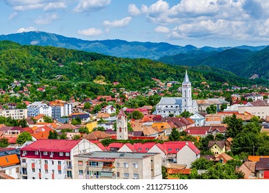 Aerial view of Baia Mare city with roof tops and the Catholic Cathedral in Baia Mare, Maramures, Romania; Assumption of Mary Cathedral or Saint Mary, the greek-catholic cathedral in Baia Mare