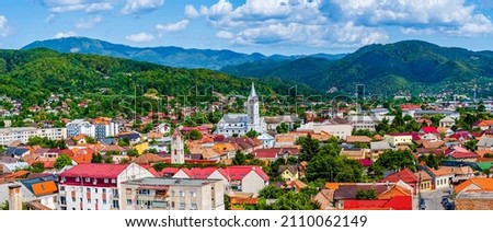 Aerial view of Baia Mare city with roof tops and the Catholic Cathedral in Baia Mare, Maramures, Romania; Assumption of Mary Cathedral or Saint Mary, the greek-catholic cathedral in Baia Mare