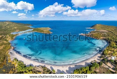 Aerial view with Baie de Rondinara in Corsica island, France