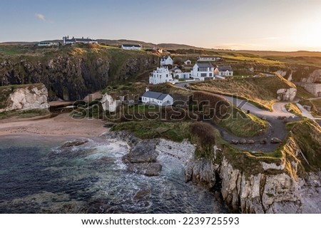 Aerial view of Ballintoy Harbour near Giants Causeway, County. Antrim, Northern Ireland, UK